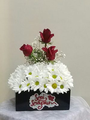 ısparta kutuda papatya ve 3 gül