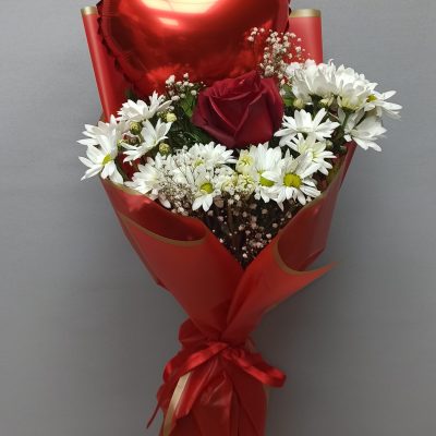 Kalpli Balonlu Papatya & Gül Buketi